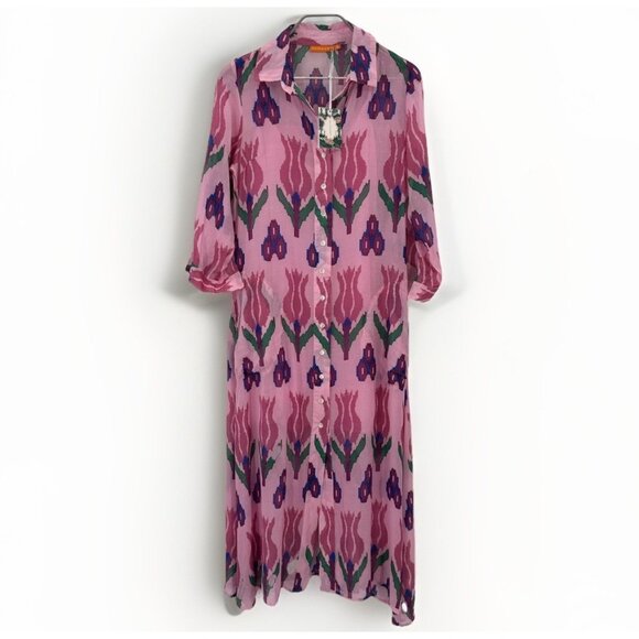 Oliphant Dresses & Skirts - Oliphant Sumba Pink Shirt Dress sz S Midi Cotton Floral Button Front India Slip